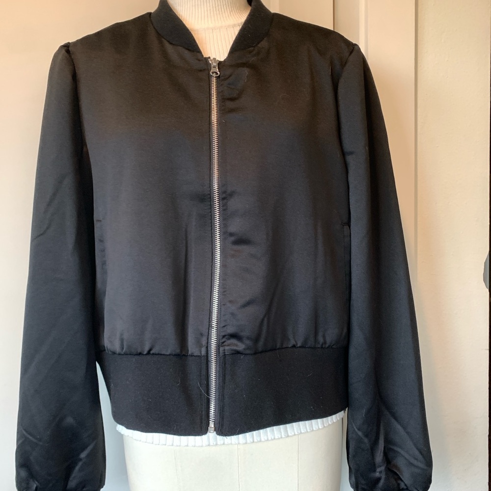 Black Zip Front Satin Look Jacket